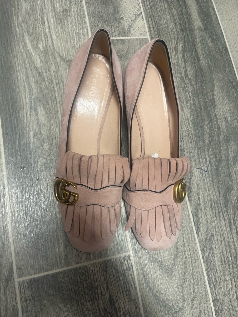 Gucci Pink Suede Fringe Loafers with Gold GG - Picture 11 of 16